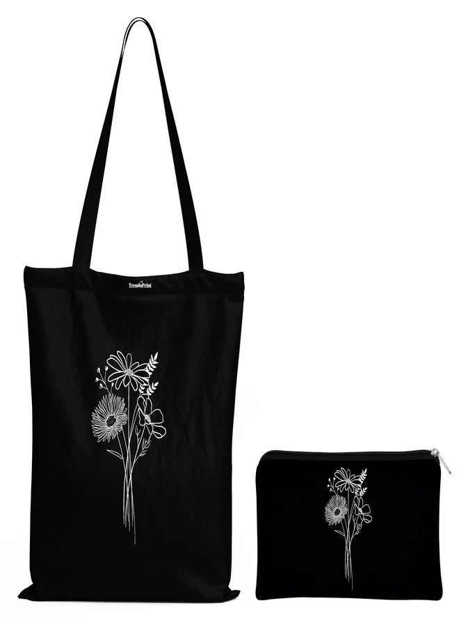 TrendoPrint Eco-Friendly Printed Black Tote Bag 14 x 16 inch with Makeup Pouch for College, Shopping and Travelling (TB03) - Image 1
